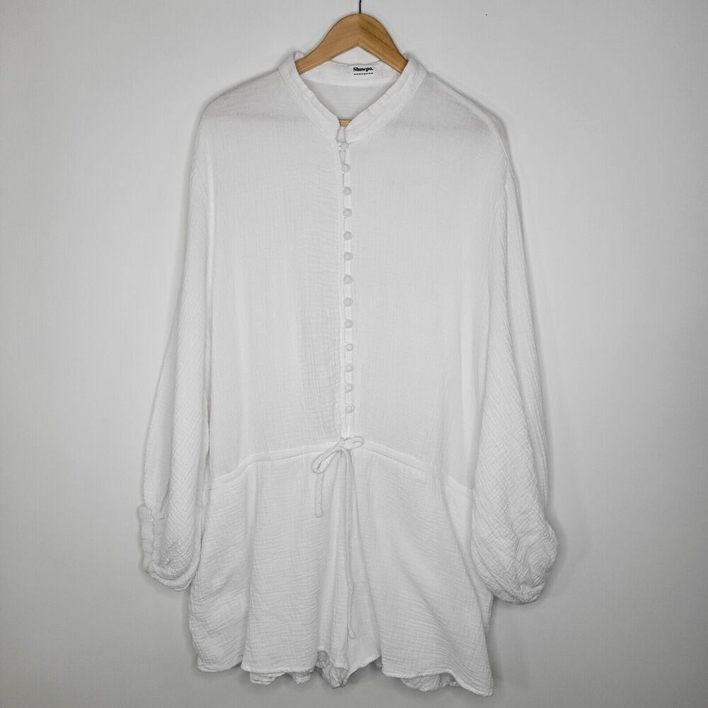 SHOWPO White Gauzy Cotton Playsuit Size 14 Pockets Drawstring Lined Puff Sleeve - Picture 3 of 11
